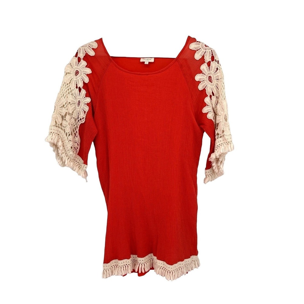 Umgee Coral Crochet Lace Tassel Sleeve Boho Tunic Top Women's Small